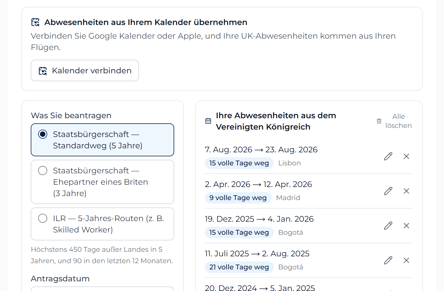 Das Feld, das Abwesenheiten aus dem Kalender übernimmt, im Rechner für die britische Einbürgerung