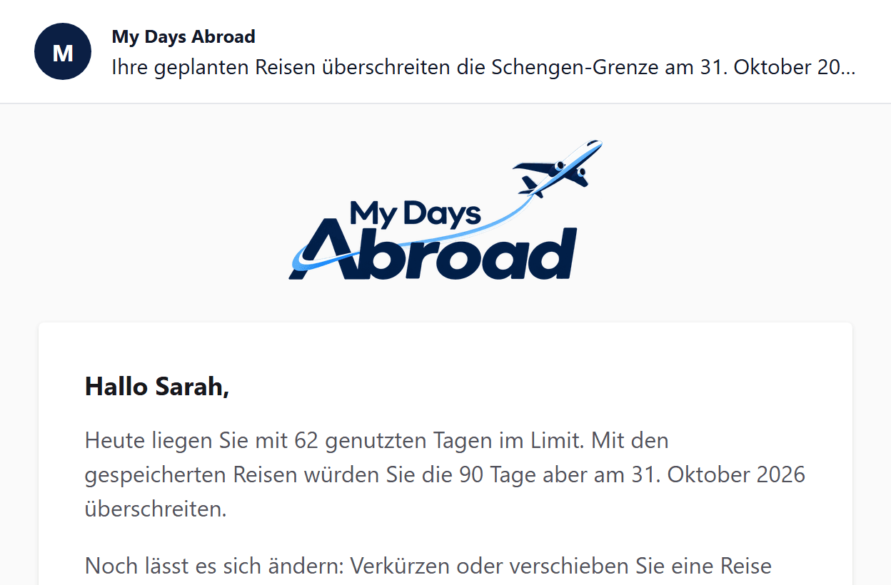 Eine Warn-E-Mail, dass geplante Reisen das Schengen-Limit an einem bestimmten Datum überschreiten
