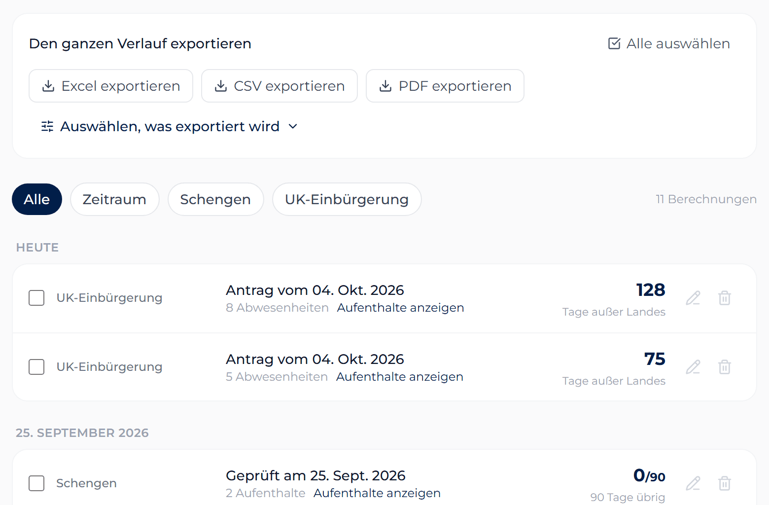 Der Berechnungsverlauf mit den Export-Schaltflächen