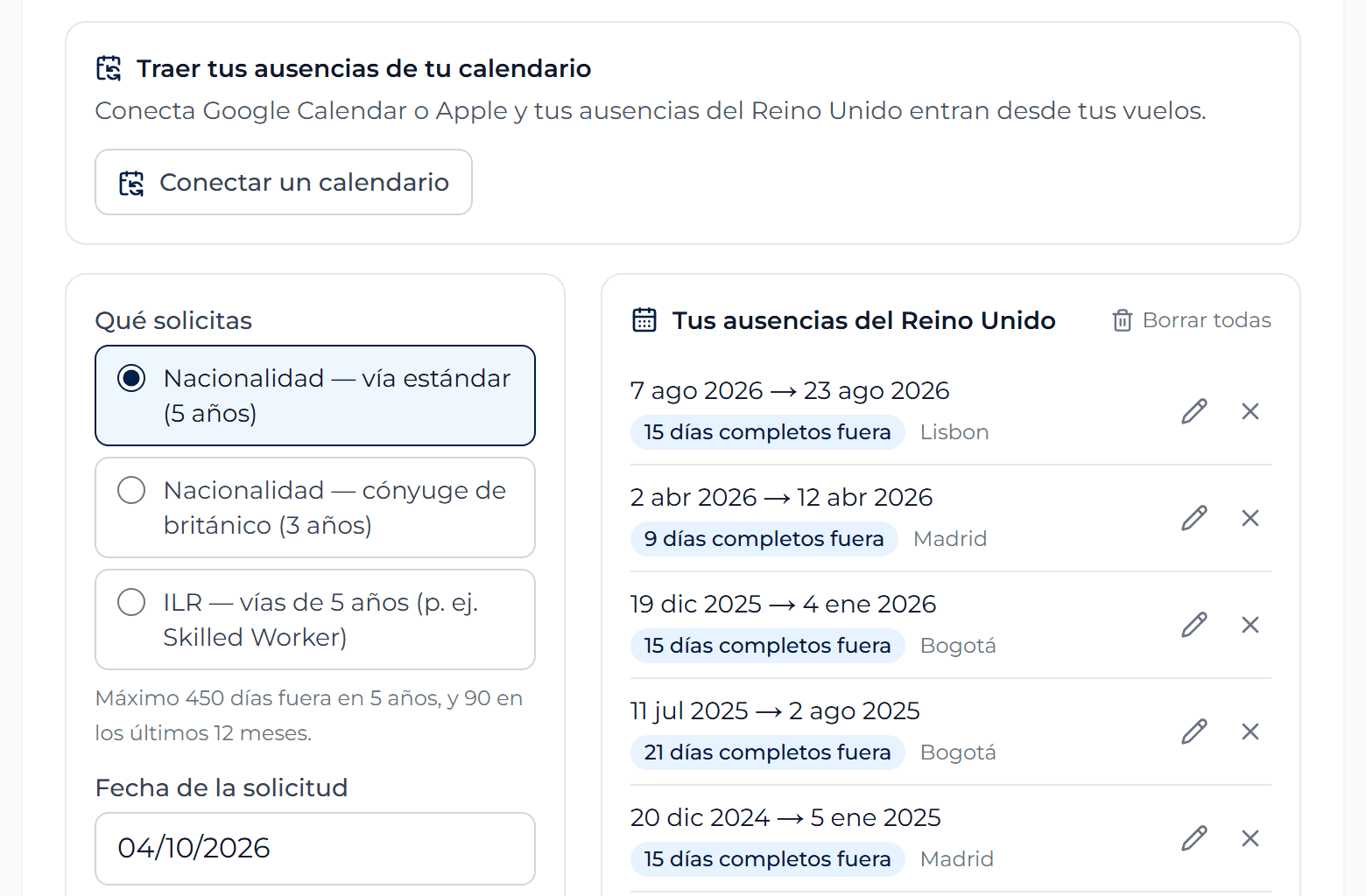 El panel que trae las ausencias desde el calendario, dentro de la calculadora de naturalización británica