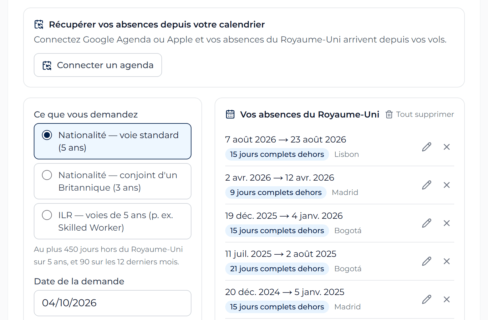 Le panneau qui importe les absences depuis l’agenda, dans le calculateur de naturalisation britannique