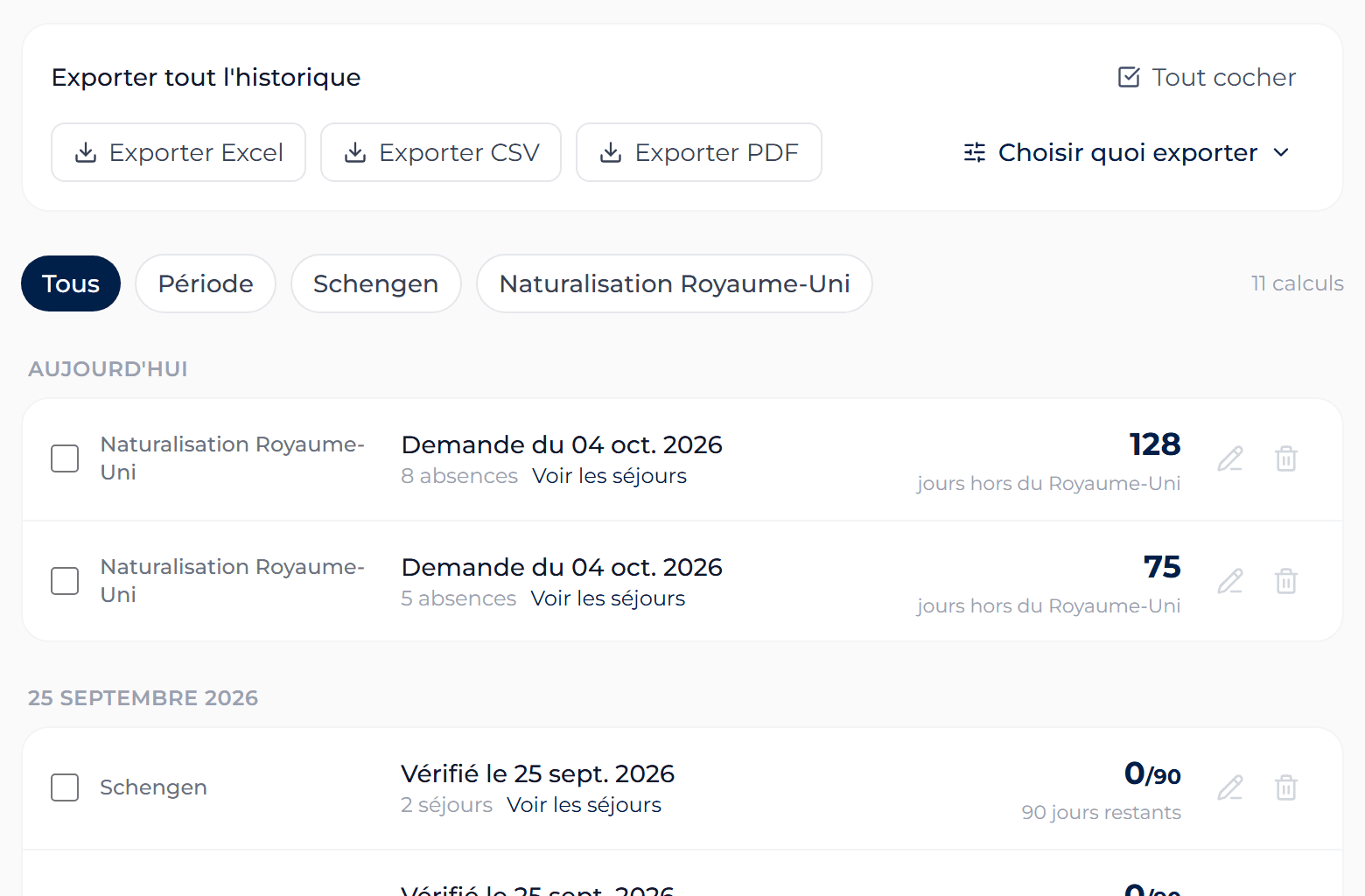 L'historique des calculs avec les boutons d'export