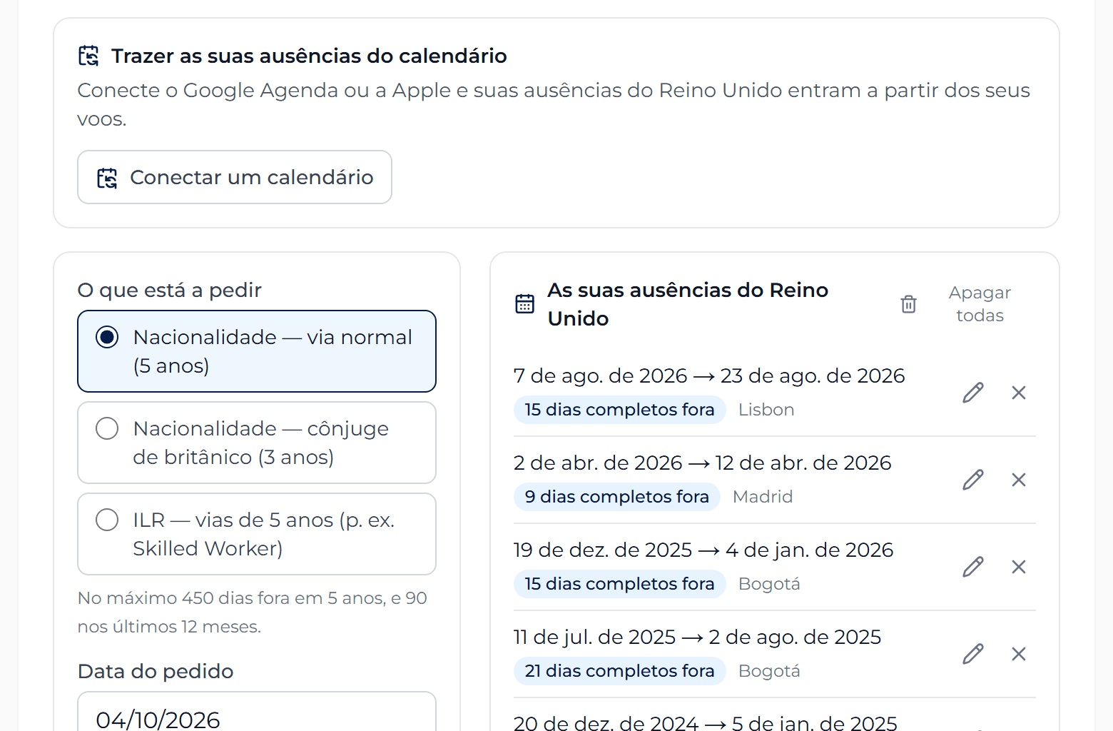 O painel que traz as ausências do calendário, dentro da calculadora de naturalização britânica