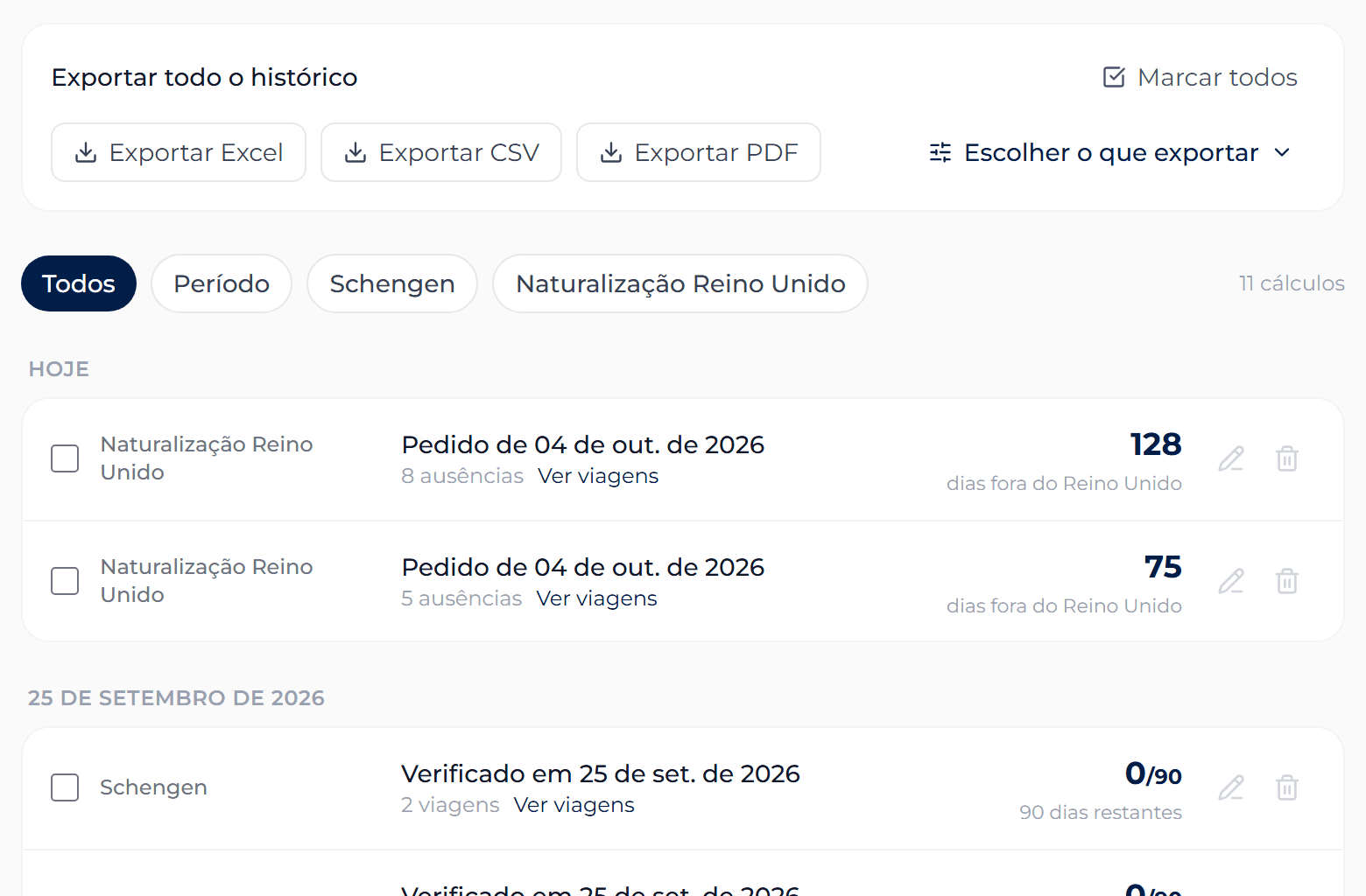 O histórico de cálculos com os botões de exportação