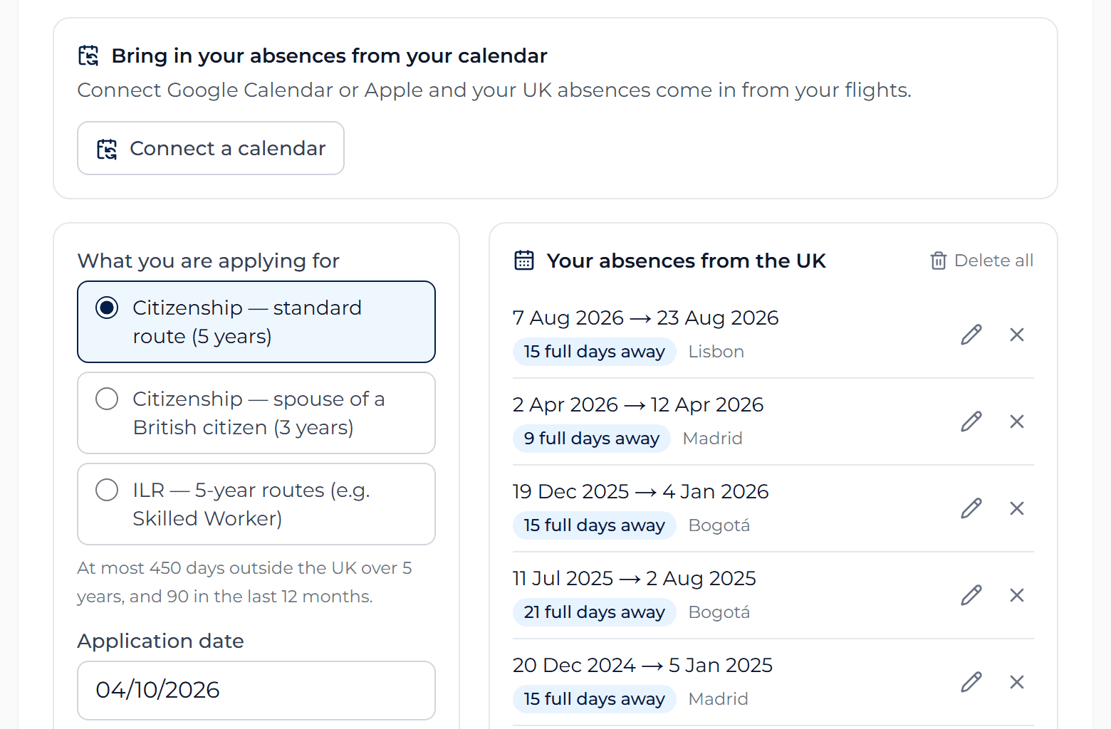 The panel that brings absences in from the calendar, inside the British naturalisation calculator