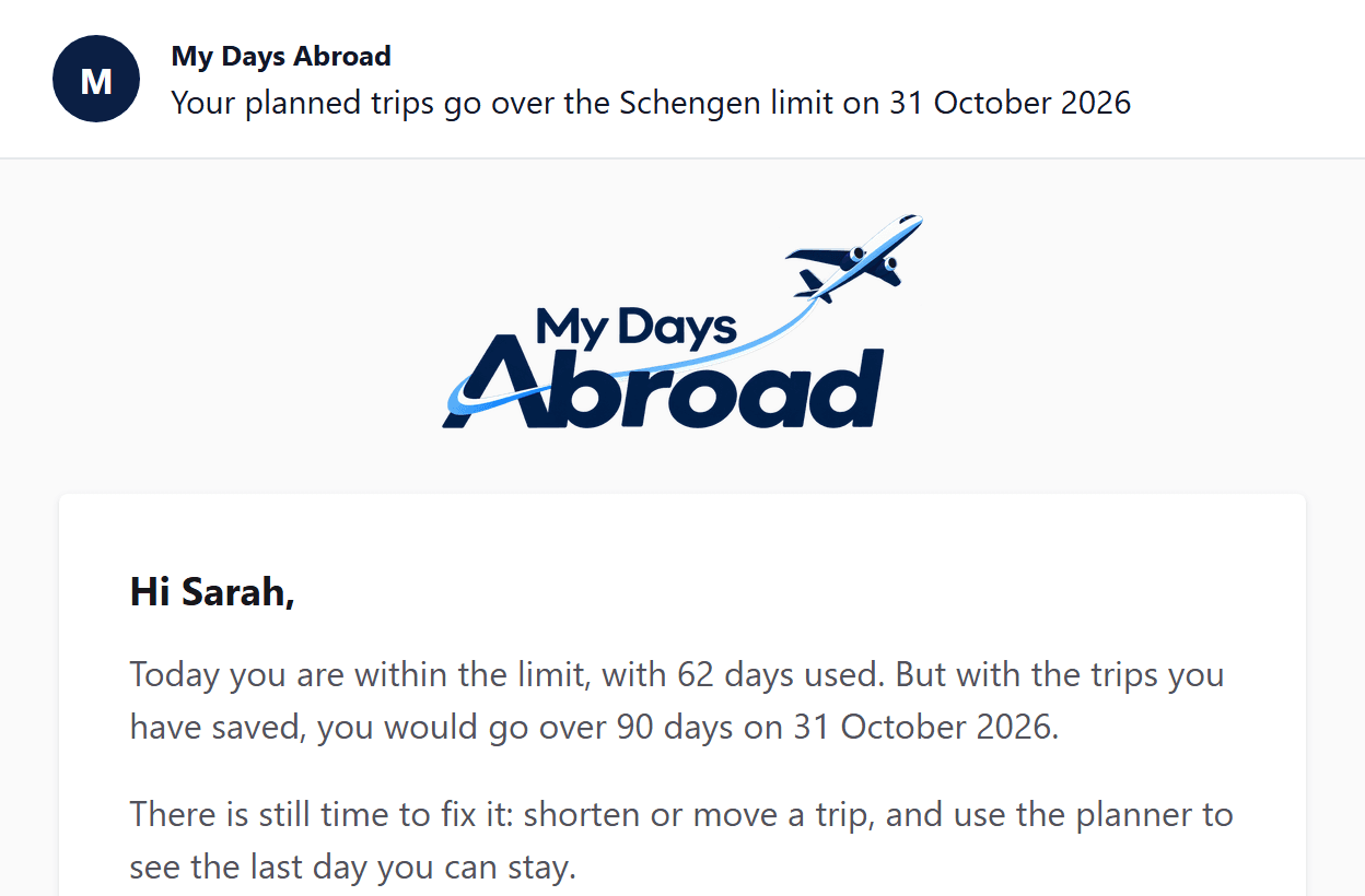 An email alert warning that planned trips go over the Schengen limit on a given date