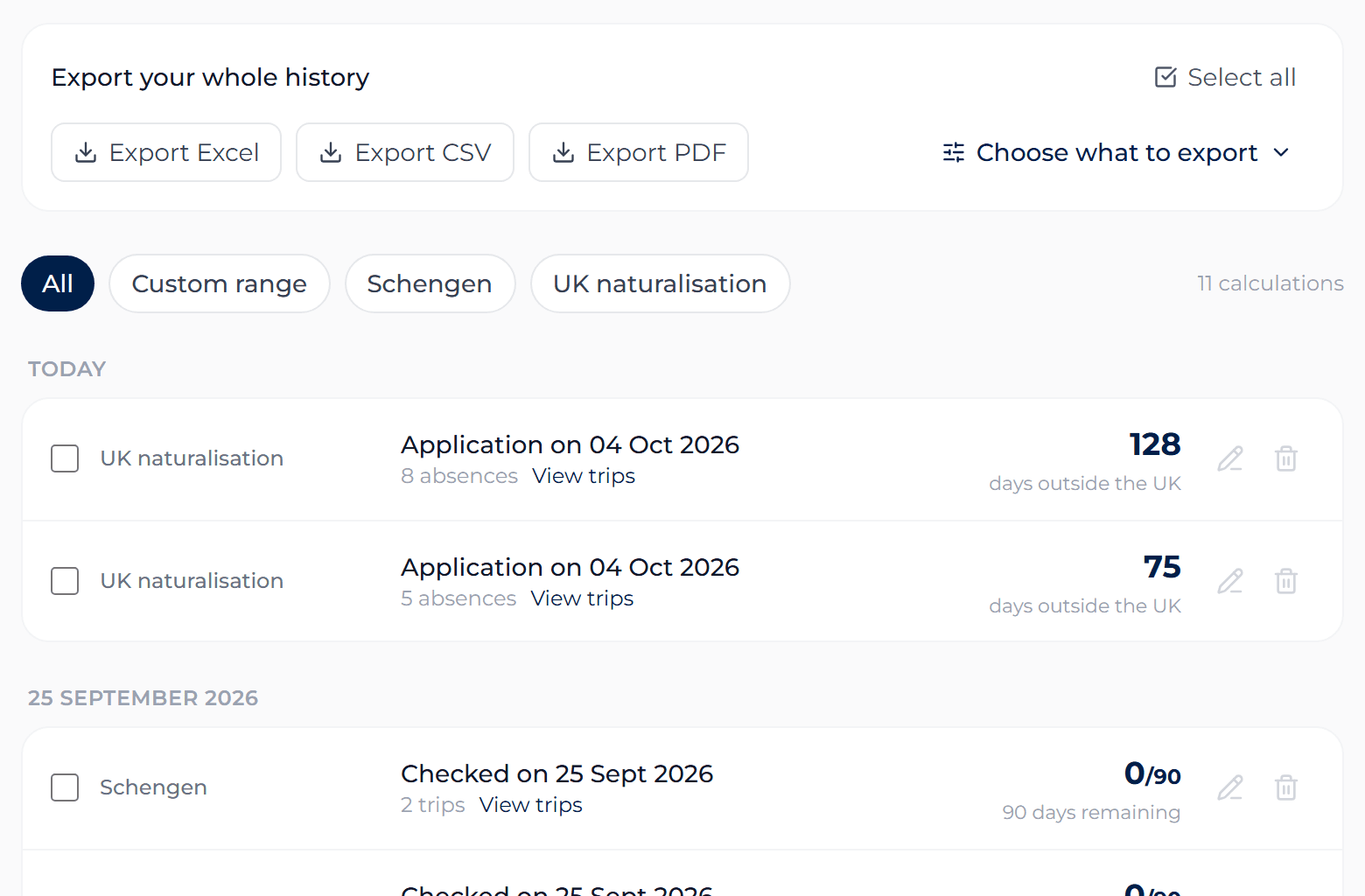 The calculation history with the export buttons
